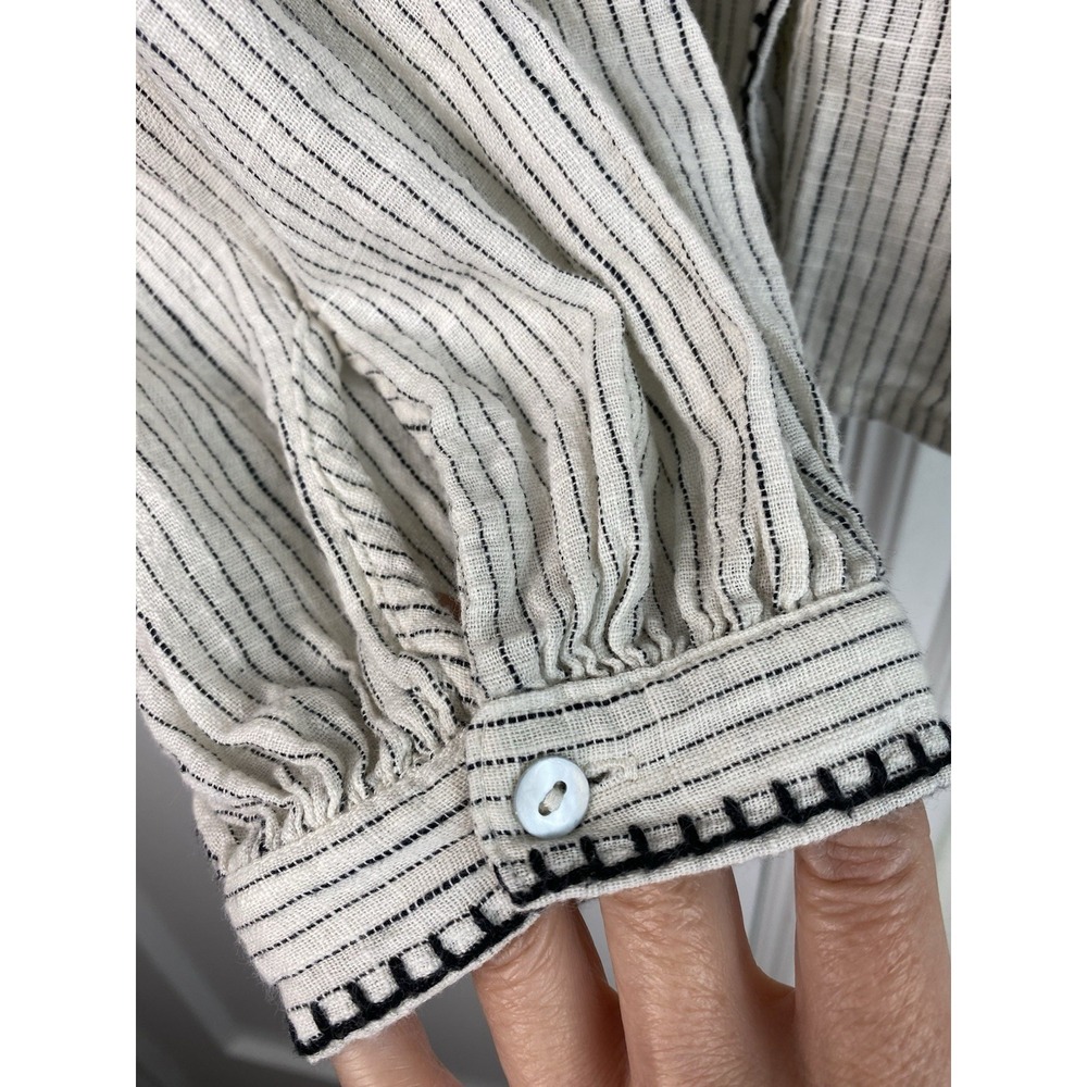 Zara Women S Creamy White Black Striped Embroidered Puff Sleeve Button Up Blouse - Picture 4 of 8